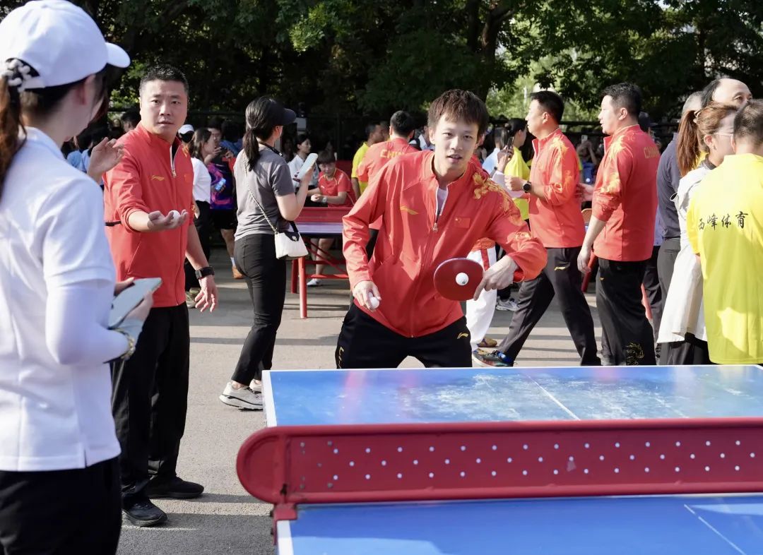 国乒进公园与居民切磋球技：马龙温柔挥拍、王